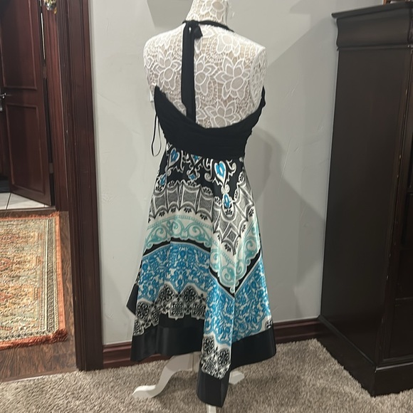 Sangria Halter Top Backless Gathered Waist, Satin Paisley Bottom Cocktail Dress - Picture 2 of 11
